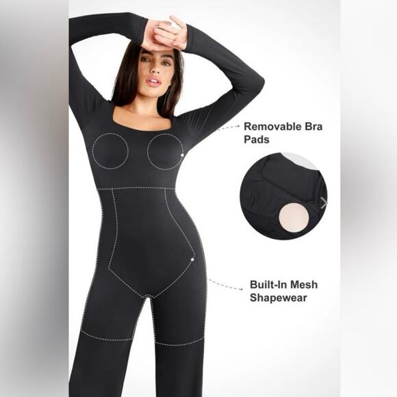 Popilush The Shapewear Black Jumpsuit Square Neck Wide-Leg Long Sleeve M - NWT - Picture 2 of 9